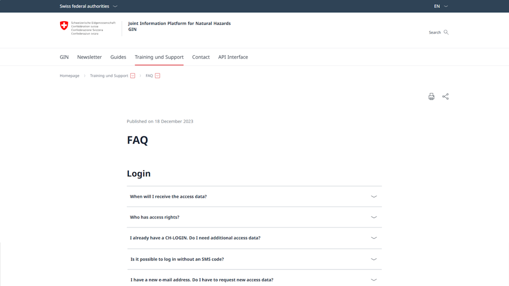 Screenshot of the FAQ page on the Swiss federal authorities' GIN website showing login-related questions about access data, access rights, and SMS code.