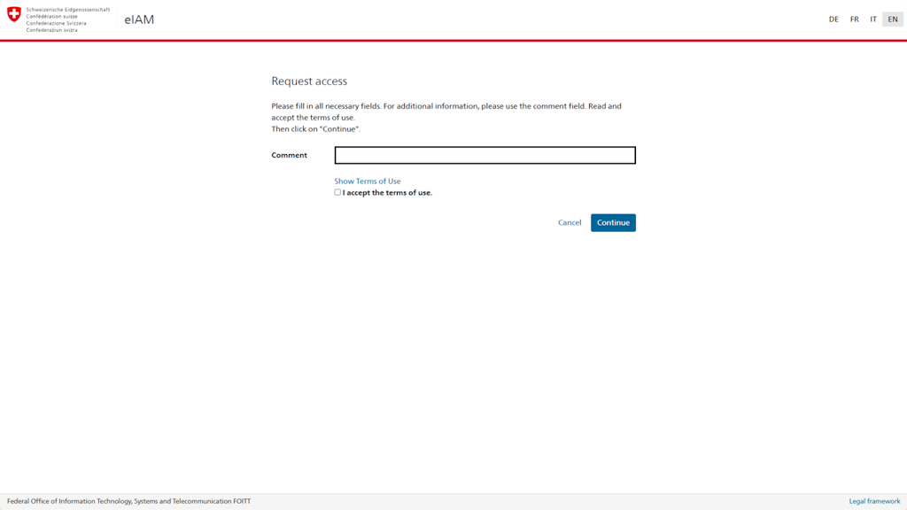 Website form requesting access with comment field and checkbox to accept terms of use.