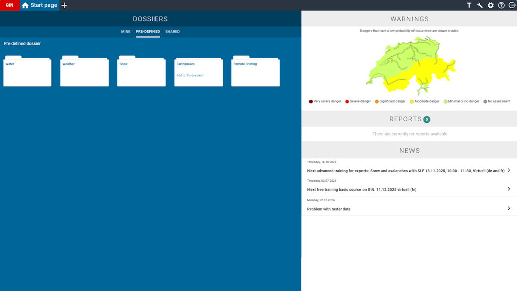 User interface showing folders, a color-coded map of Switzerland for warnings, and sections for messages and news.