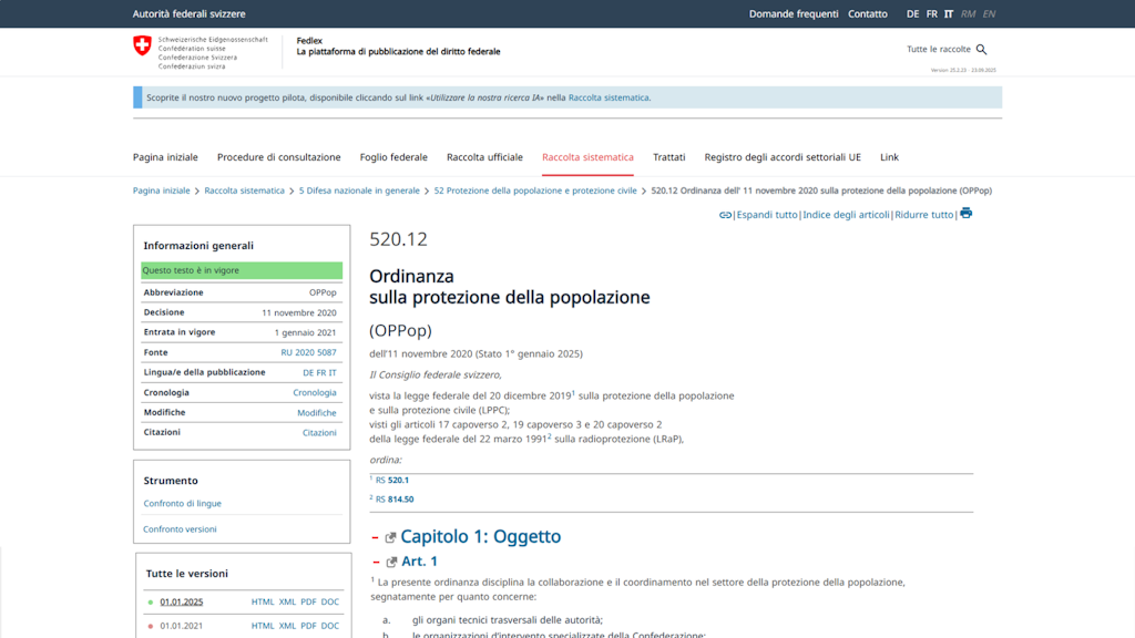 Sito web delle autorità federali svizzere intitolato « Ordinanza sulla protezione della popolazione » con un sommario che include la sezione « Capitolo 1: Oggetto ».