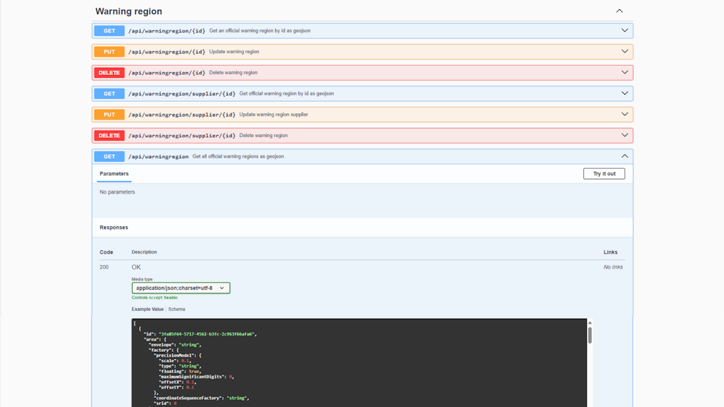 Screenshot of an API documentation page showing example requests and a JSON response in a code block.