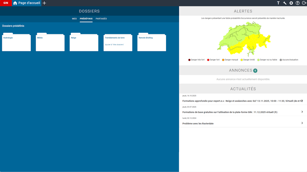 Interface utilisateur avec dossiers, carte colorée de la Suisse pour les alertes, et sections pour messages et actualités.