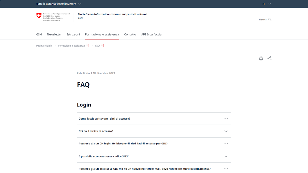 Screenshot della pagina FAQ del sito GIN delle autorità federali svizzere con domande sul login, inclusi dati di accesso, diritti di accesso e codice SMS.
