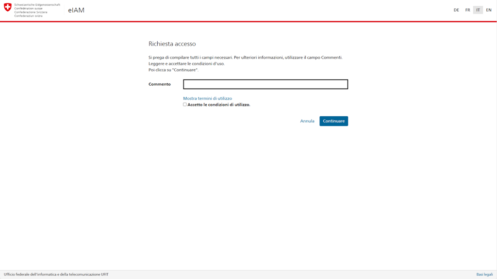 Modulo web per richiedere l'accesso con campo commenti e casella per accettare le condizioni d'uso.