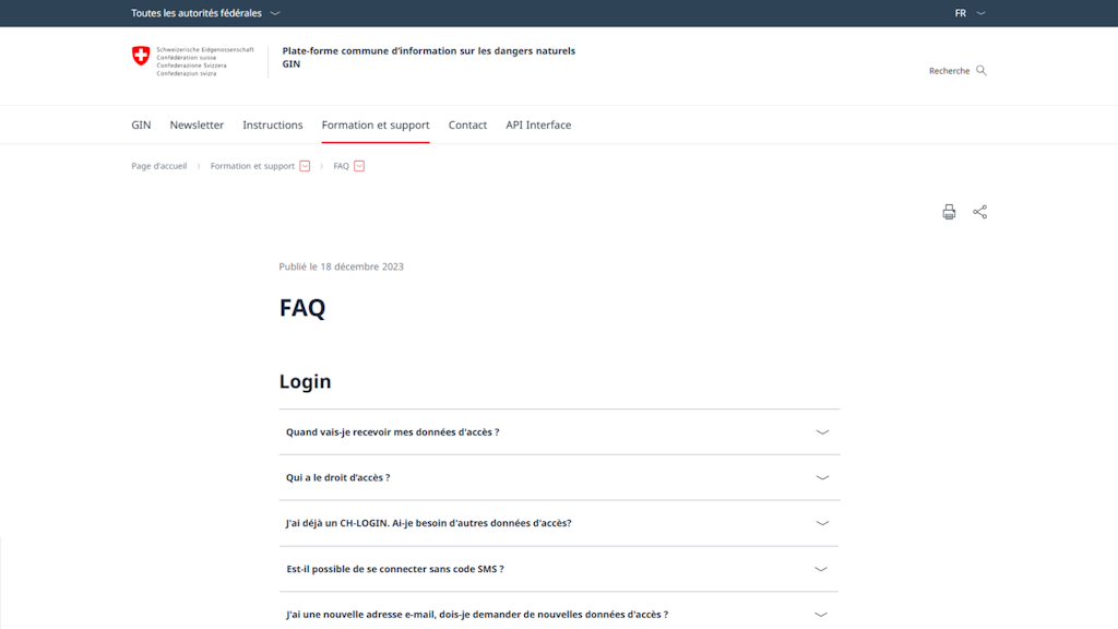 Capture d'écran de la page FAQ du site GIN des autorités fédérales suisses avec des questions sur la connexion, notamment les données d'accès, les droits d'accès et le code SMS.