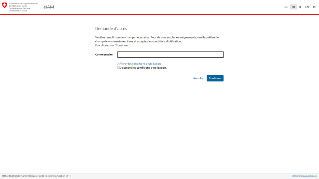 Formulaire de demande d'accès sur un site web avec champ de commentaire et case à cocher pour accepter les conditions d'utilisation.