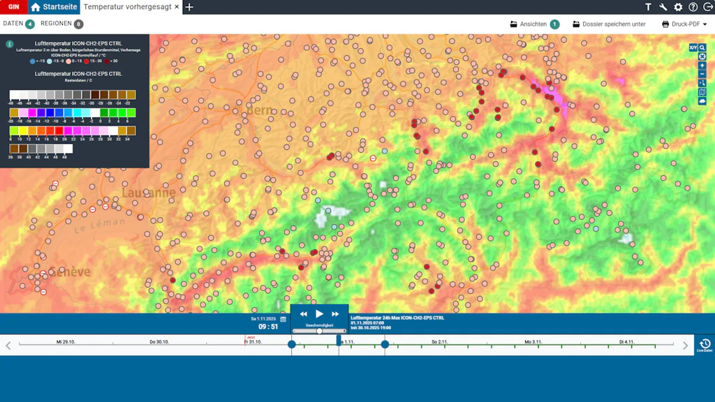 Wetterkarte mit Temperaturverteilung und Messpunkten in der Region um Lausanne und Genf.