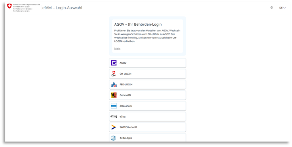 Benutzeroberfläche der eIAM-Login-Auswahl mit mehreren Login-Optionen und Schweizer Bundesverwaltung-Logo oben links