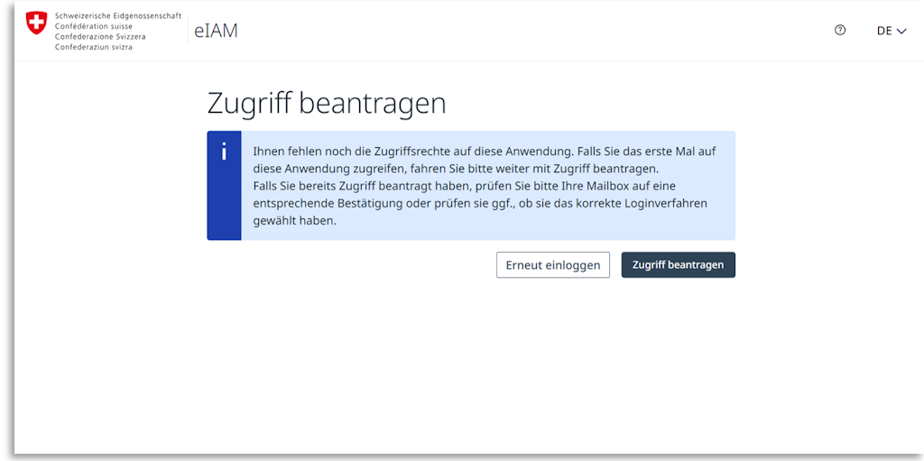 Benutzeroberfläche mit dem Titel 'Zugriff beantragen' und einem Informationsfeld mit Anweisungen zum Beantragen von Zugriffsrechten