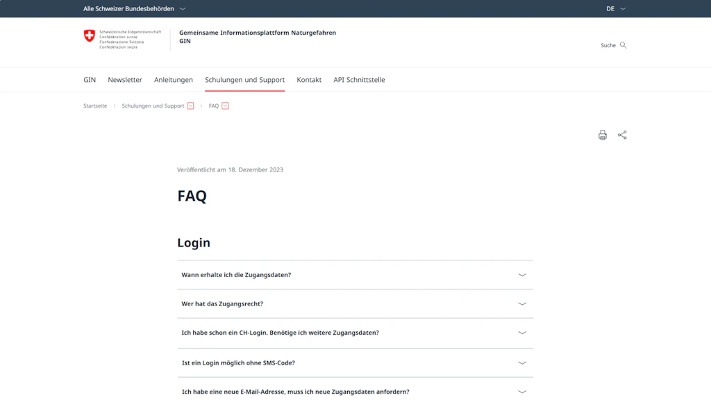 Screenshot der FAQ-Seite der Schweizer Bundesbehörden auf der GIN-Website mit Fragen zum Login, darunter Zugangsdaten, Zugangsrecht und SMS-Code.