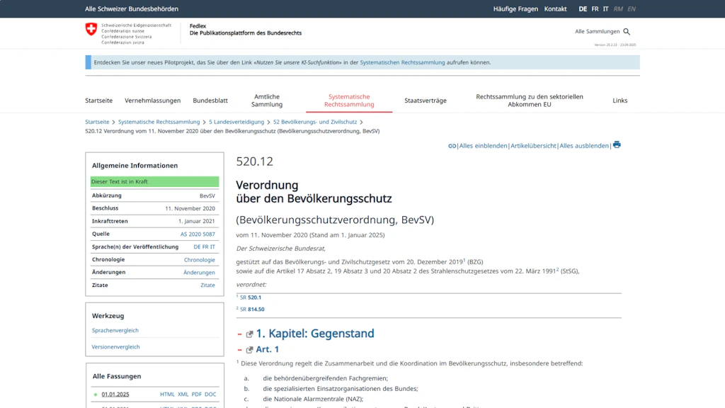 Webseite der Schweizer Bundesbehörden mit dem Titel 'Verordnung über den Bevölkerungsschutz' und einem Inhaltsverzeichnis mit dem Abschnitt '1. Kapitel: Gegenstand'.