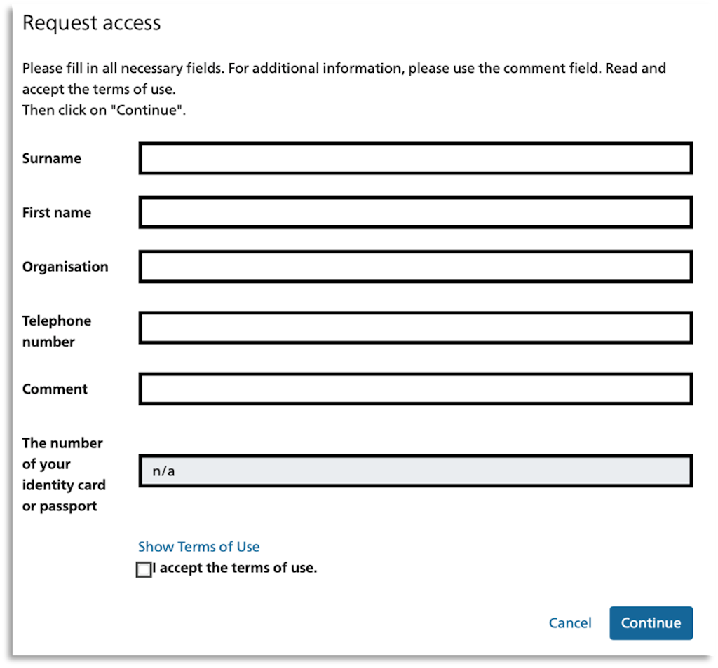 Access request form with fields for last name, first name, organization, phone number, comment, ID or passport number, checkbox to accept terms of use, and buttons labeled "Cancel" and "Next"