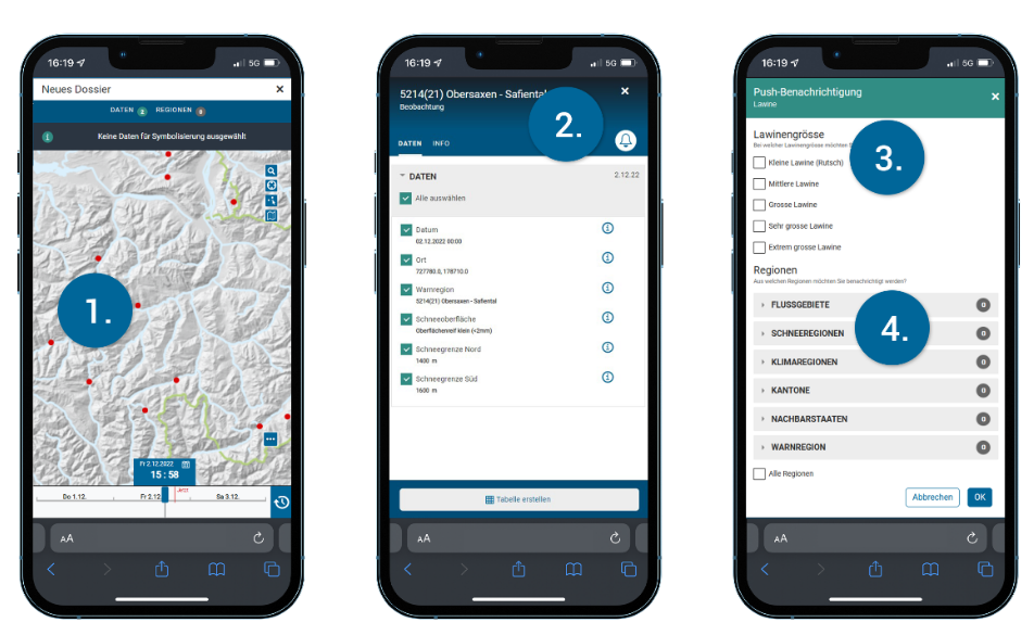 Three side-by-side smartphone screens showing a map view, a list of data options, and a selection menu for avalanche sizes and regions.