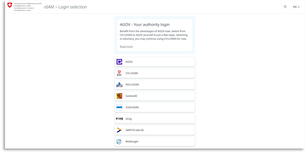 EIAM login selection interface showing multiple login options and Swiss Federal Administration logo top left