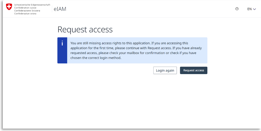 User interface titled ‘Request Access’ with an information box containing instructions on how to request access rights