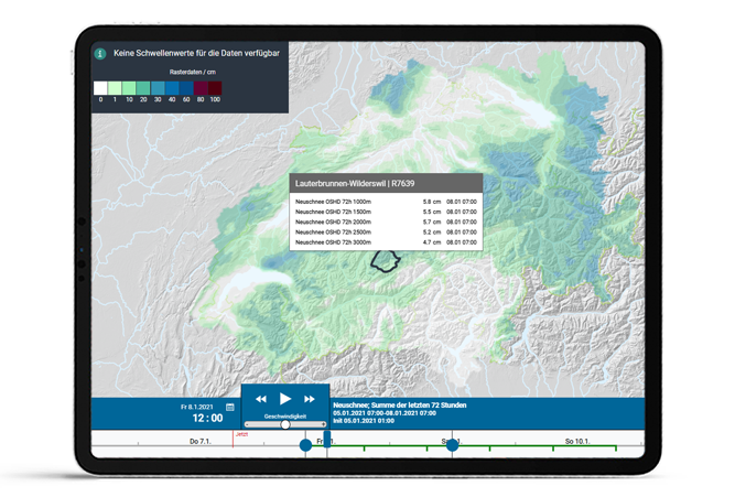 Tablet displays a colored map with contour lines and a highlighted area, with a timeline and control elements below.
