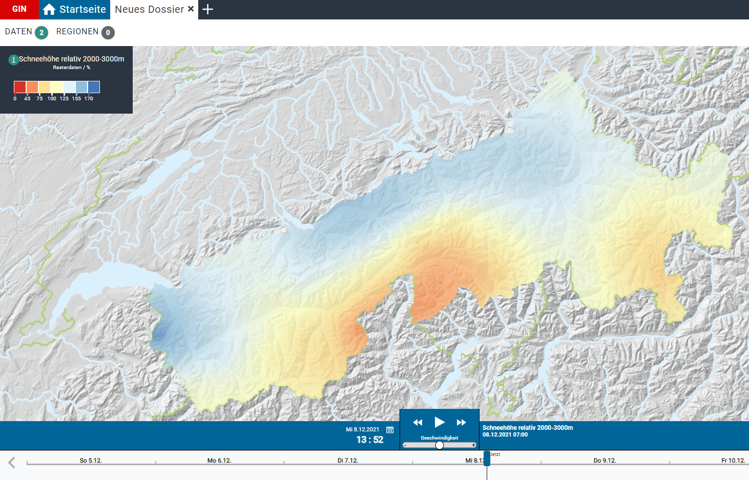 Carte colorée de la Suisse avec des courbes de niveau et une échelle de couleurs indiquant la hauteur de neige entre 2000 et 3000 mètres.