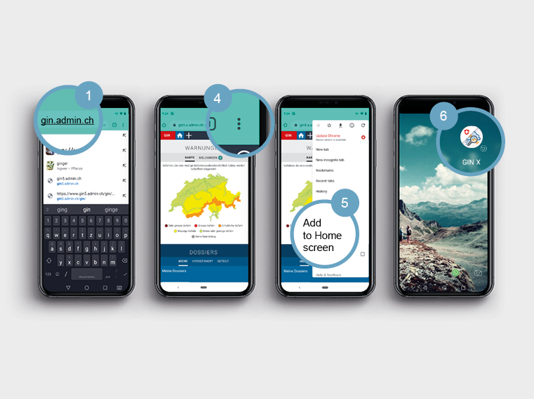 Quatre smartphones affichent successivement une barre de recherche avec l'URL 'gin.admin.ch', une carte météo, une option 'Add to Home screen' et un écran d'accueil avec un paysage montagneux et l'icône 'GIN X'.