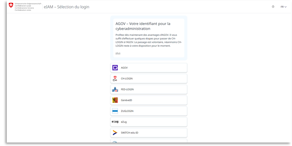 Interface de sélection de connexion eIAM avec plusieurs options de connexion et logo de l'administration fédérale suisse en haut à gauche