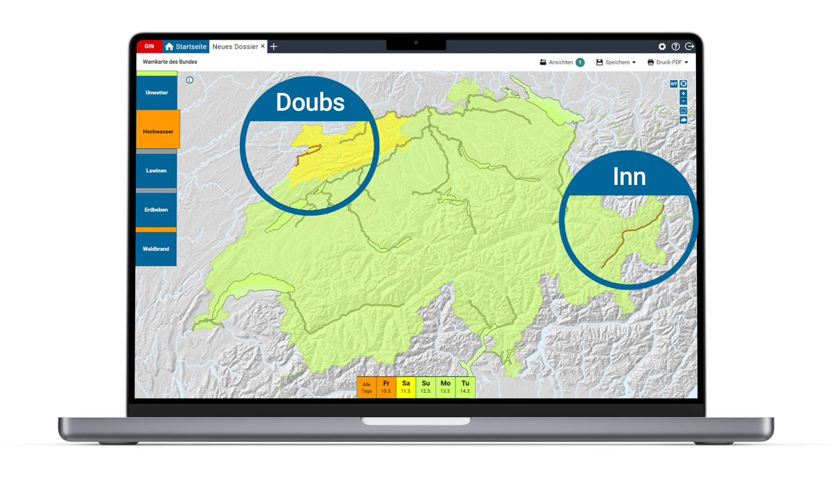 Carte de la Suisse affichée sur l'écran d'un ordinateur portable avec les régions Doubs et Inn mises en évidence.