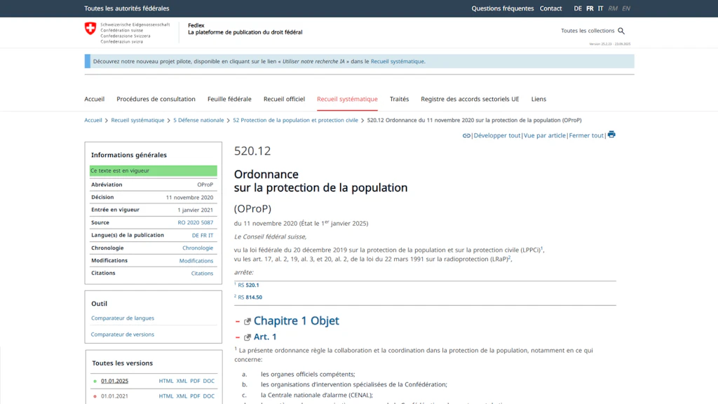Site web des autorités fédérales suisses intitulée « Ordonnance sur la protection de la population » avec une table des matières mentionnant « Chapitre 1 : Objet ».