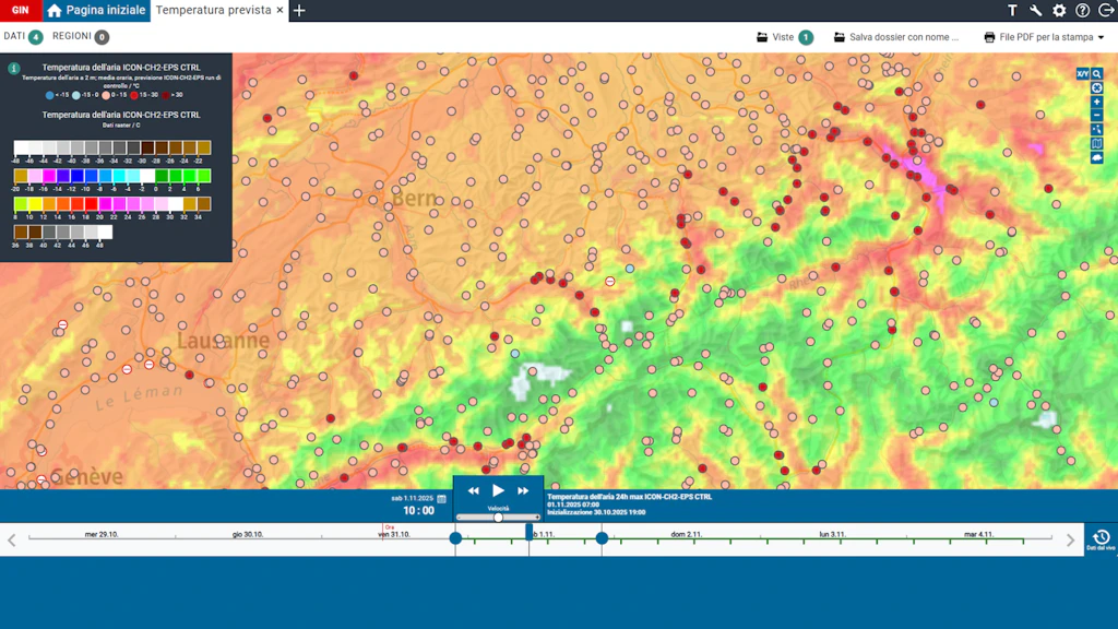 Mappa meteorologica con distribuzione delle temperature e punti di misurazione intorno a Losanna e Ginevra.