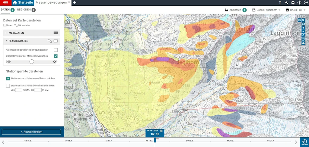 Estratto di mappa con aree colorate che rappresentano movimenti di massa e una barra laterale sinistra con opzioni per metadati e punti di stazione