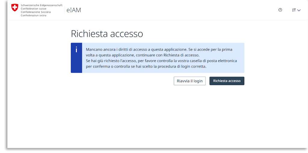 Interfaccia utente con il titolo “Richiedi accesso” e un campo informativo con le istruzioni per richiedere i diritti di accesso