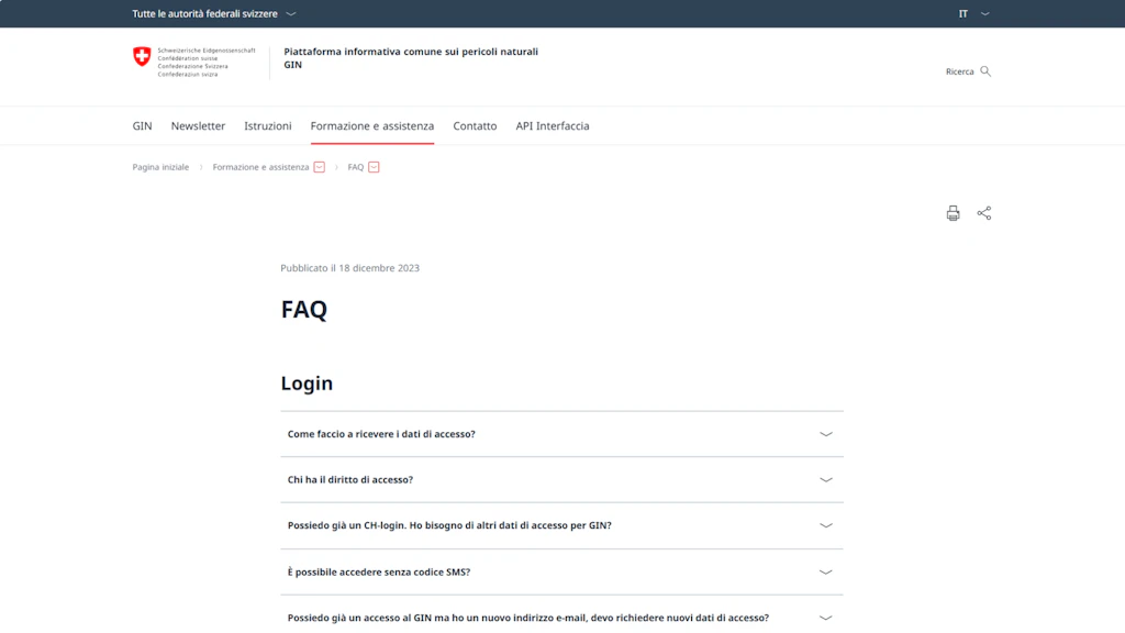 Screenshot della pagina FAQ del sito GIN delle autorità federali svizzere con domande sul login, inclusi dati di accesso, diritti di accesso e codice SMS.